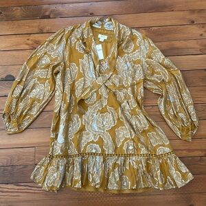 Anthropologie Maeve Tunic Dress Women’s L Yellow/Silver Tie-Neck Metallic New